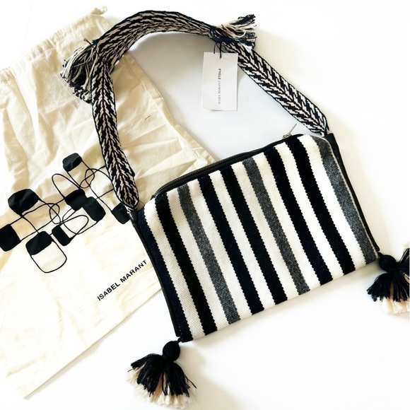 Isabel Marant Etoile Janae Striped Wool Leather Woven Tassel Shoulder Bag Purse - Picture 1 of 9
